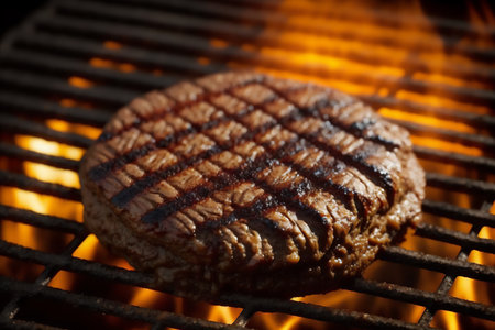 Beef steaks on the grill with flames, close-up. Genarated by AIの素材