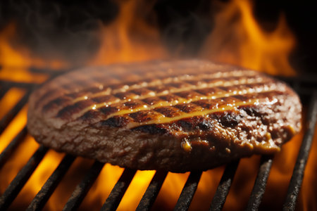 Grilled hamburger on a barbecue grill, close-up. Genarated by AIの素材