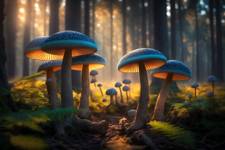 Mushrooms in the dark forest at night. fantasy forest. Genarated by AIの素材