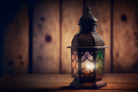 Lantern on old wooden background. Ramadan Kareem concept. Genarated by AIの素材