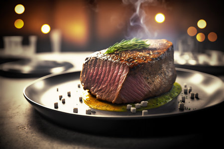 Grilled beef steak on a black plate on a dark background. Genarated by AIの素材
