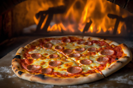 Pizza in oven. Hot pizza on wooden table in restaurant. Genarated by AIの素材