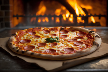 Hot pizza with pepperoni and mozzarella cheese in front. Genarated by AIの素材