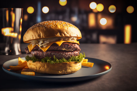 Hamburger on a plate with orange wedges on the background. Genarated by AIの素材