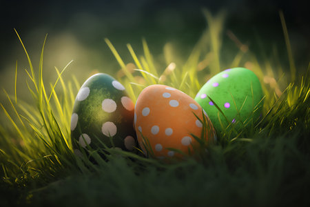 Easter eggs on green grass with bokeh background, vintage style. Genarated by AIの素材