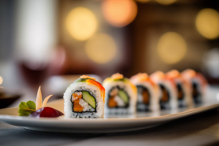 Sushi rolls on a white plate with candles in the background. Genarated by AIの素材