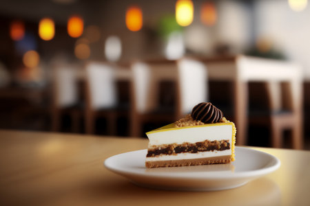 Slice of delicious cake on wooden table in cafe, closeup. Genarated by AIの素材