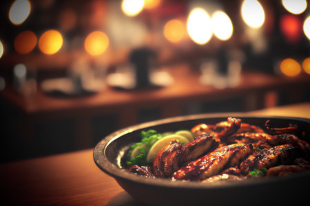 Fried chicken wings on a plate in a restaurant. selective focus. Genarated by AIの素材