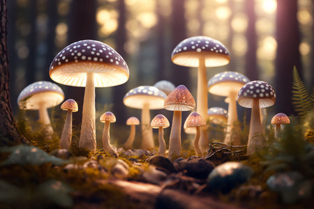 Fly agaric mushrooms in the autumn forest. selective focus. Genarated by AIの素材