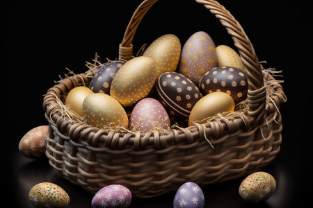 Easter eggs in a wicker basket on a black background. Genarated by AIの素材