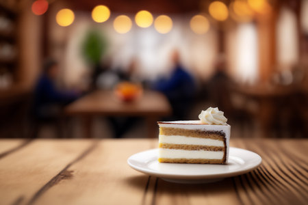 A piece of cake on a white plate on a wooden background. Genarated by AIの素材