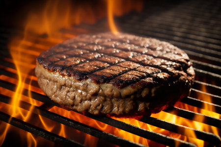 Close up of a beefsteak being grilled on a barbecue grill. Genarated by AIの素材