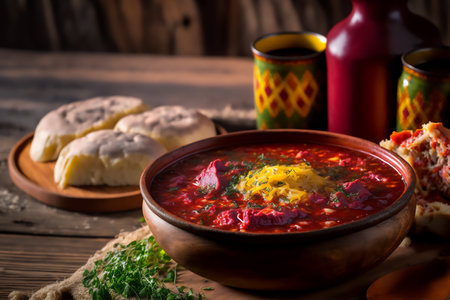 Ukrainian borscht with sour cream and meat on a wooden background. Genarated by AIの素材