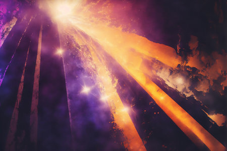 Abstract scene with rays of light and smoke on a dark background. Genarated by AIの素材