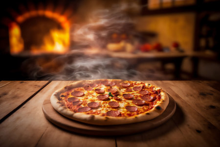 Hot pizza with sausages and mozzarella on wooden table. Genarated by AIの素材