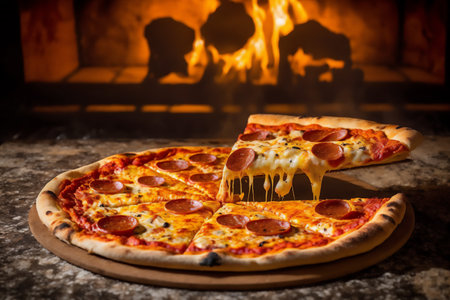 Pizza with salami and mozzarella in front. Genarated by AIの素材