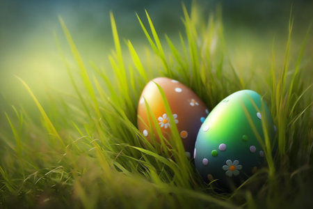 Easter eggs on green grass background with bokeh effect. Genarated by AIの素材