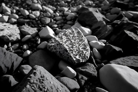 Black and white photo of pebble stones on the sea beach. Genarated by AIの素材