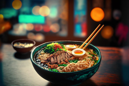 Japanese ramen noodle in bowl with chopsticks on wooden table. Genarated by AIの素材