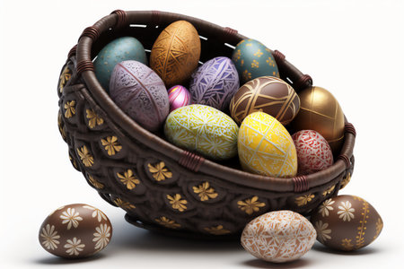 Basket with Easter eggs on a white background. Genarated by AIの素材