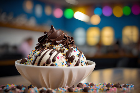 Ice cream with chocolate topping and colorful sprinkles in a white bowl on the table. Genarated by AIの素材