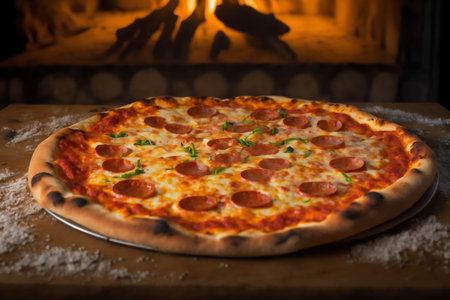Pepperoni pizza with mozzarella cheese and parsley on wooden table. Genarated by AIの素材