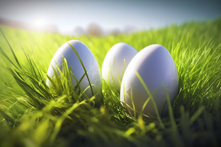 Easter eggs in the grass on a sunny day. Easter background. Genarated by AIの素材