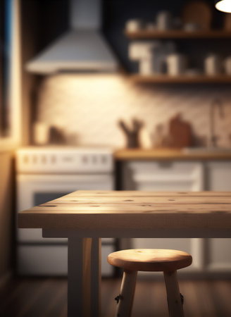 Table Top And Blur Kitchen Room Of The Background. Genarated by AIの素材