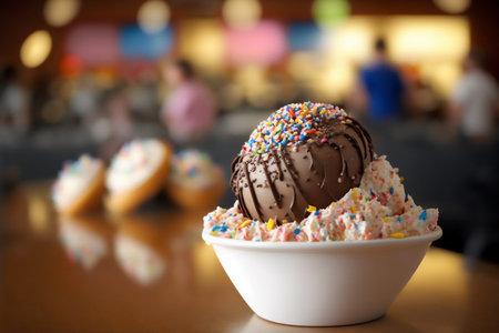 Chocolate ice cream with colorful sprinkles in white bowl on table. Genarated by AIの素材