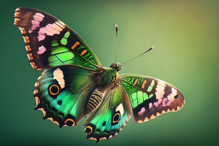 Beautiful green butterfly on a green background with space for text. Genarated by AIの素材