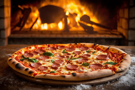 Pizza with salami and basil in front. Genarated by AIの素材