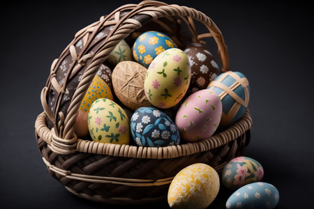 Easter eggs in a wicker basket on a black background. Genarated by AIの素材