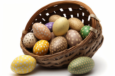 Easter eggs in a basket on a white background. Genarated by AIの素材