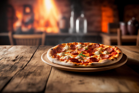 Pizza with pepperoni and mozzarella on a wooden table. Genarated by AIの素材
