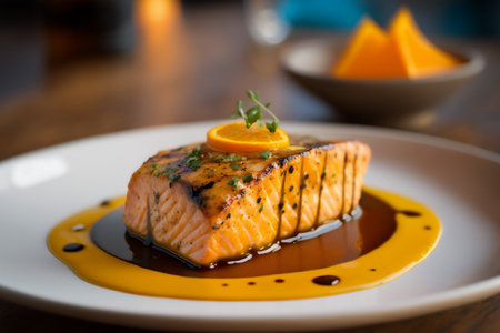 Salmon Steak with Orange Sauce on a wooden table in a restaurant. Genarated by AIの素材