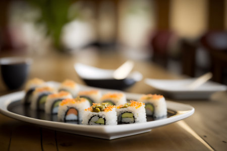 Sushi rolls on a white plate on a wooden table in a restaurant. Genarated by AIの素材