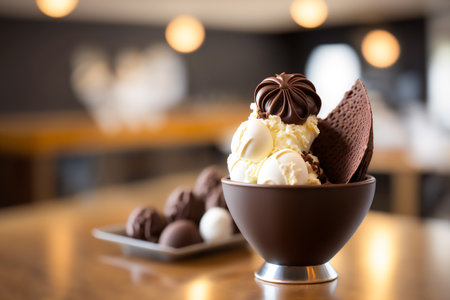 Ice cream in a bowl with chocolate and vanilla ice cream balls. Genarated by AIの素材