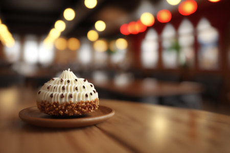Cupcake on wooden table in coffee shop, closeup view. Genarated by AIの素材