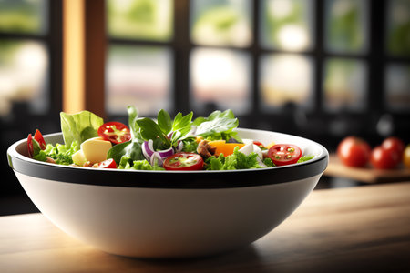 Fresh vegetable salad in bowl on wooden table in kitchen, closeup. Genarated by AIの素材