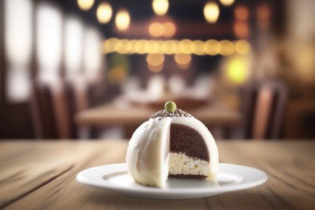 Chocolate cake on the wooden table in cafe. Blurred background. Genarated by AIの素材