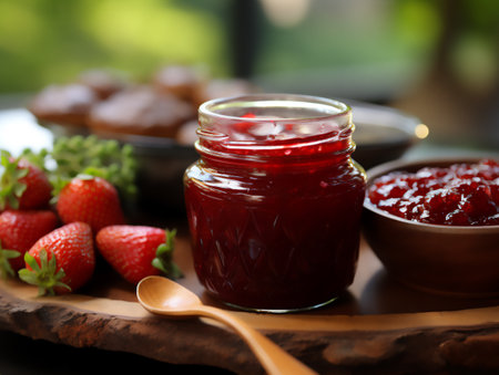 Strawberry jam in a glass jar on a wooden background.の素材