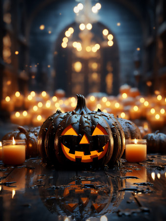 Halloween pumpkins and candles on wooden background. 3d renderingの素材