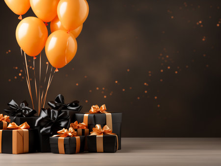 Black and red balloons with gift boxes on wooden table. 3d renderの素材