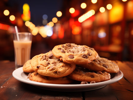 Homemade cookies with chocolate chips and glass of milk. Generated by AIの素材