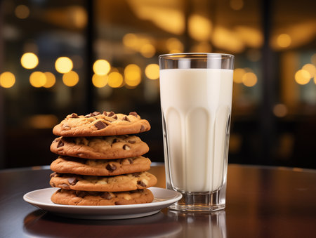 Homemade cookies with chocolate chips and glass of milk. Generated by AIの素材