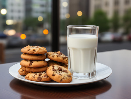 Homemade cookies with chocolate chips and glass of milk. Generated by AIの素材