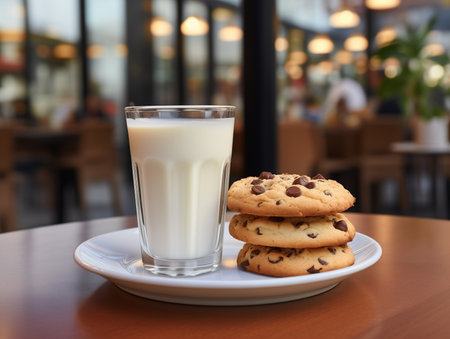 Homemade cookies with chocolate chips and glass of milk. Generated by AIの素材