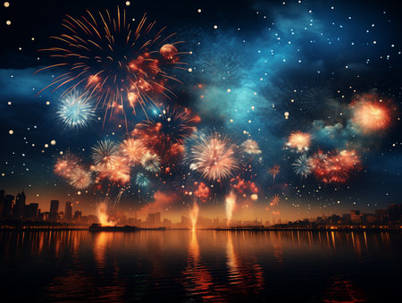 Fireworks over the river illustration. Generated by AIの素材