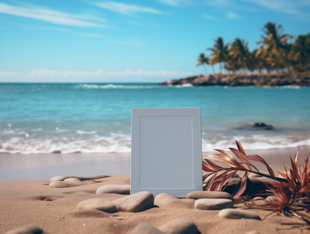 Tropical sea beach mockup template and palm leaf background. Generated by AIの素材