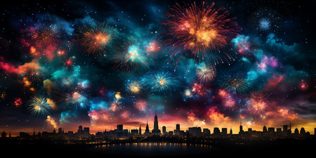 Fireworks over the river illustration. Generated by AIの素材